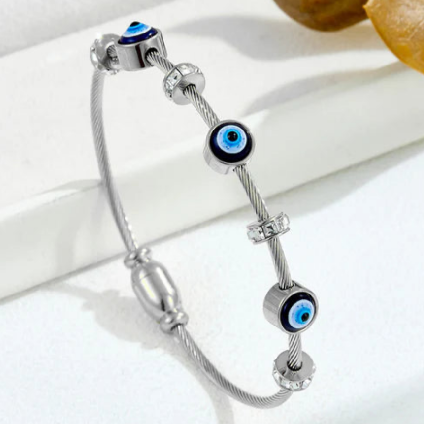 Stainless Steel Evil Eye Bracelet in Silver (Anti-Tarnish)