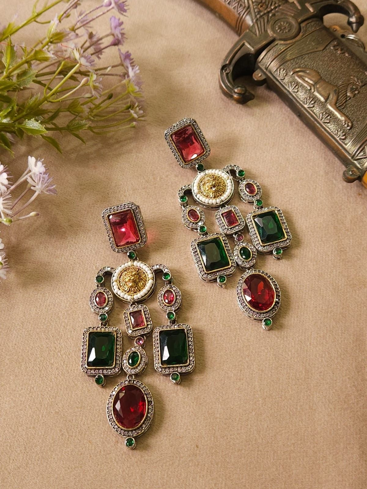 Sabyasachi Statement Earrings in Green & Red