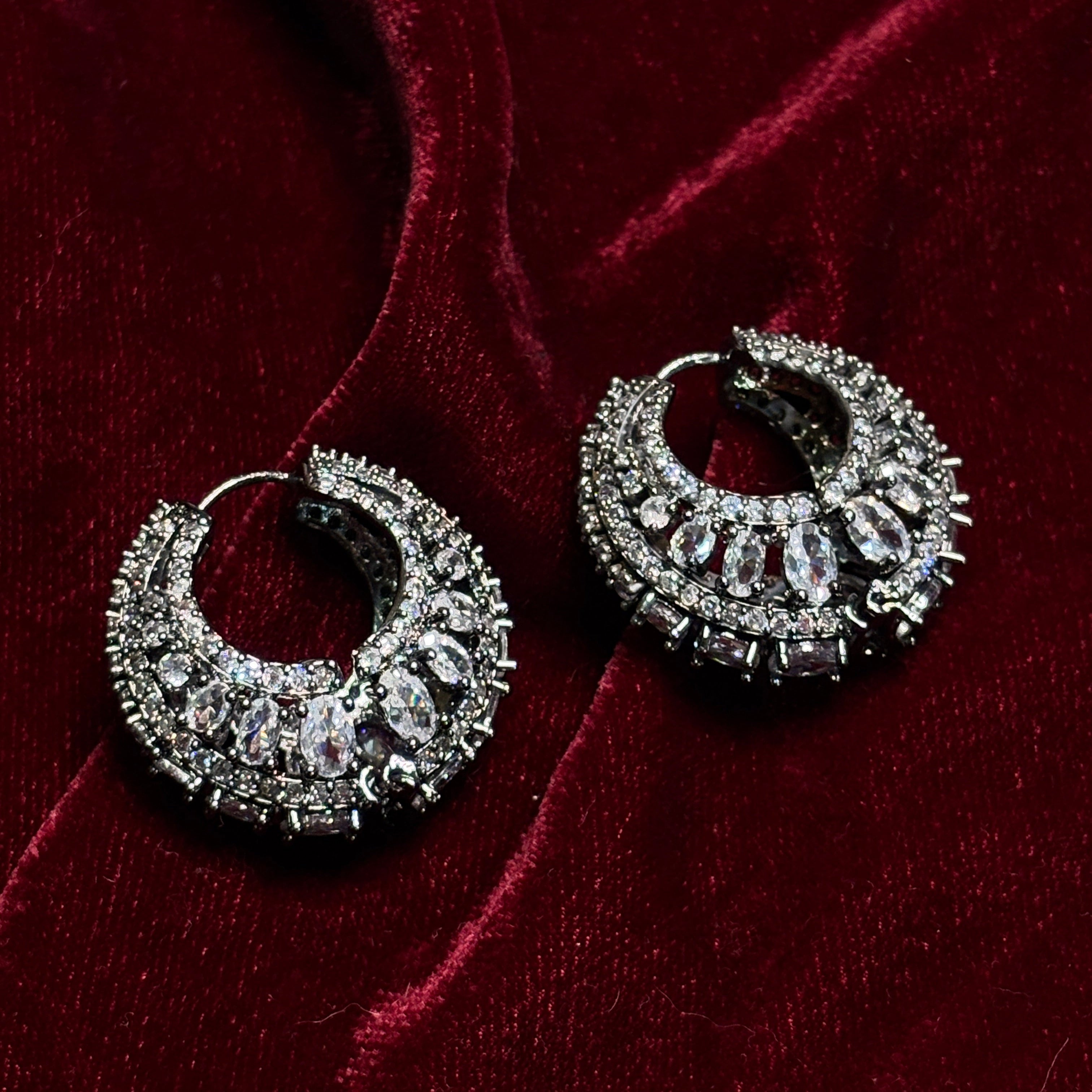 Victoria American Diamond Hoops in Silver (Black Polish)